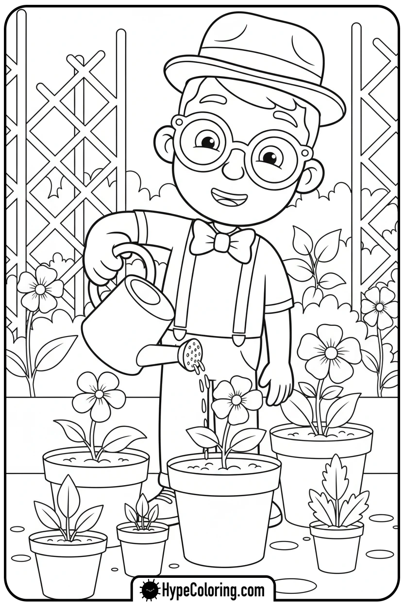 blippi-watering-flower - blippi coloring pages