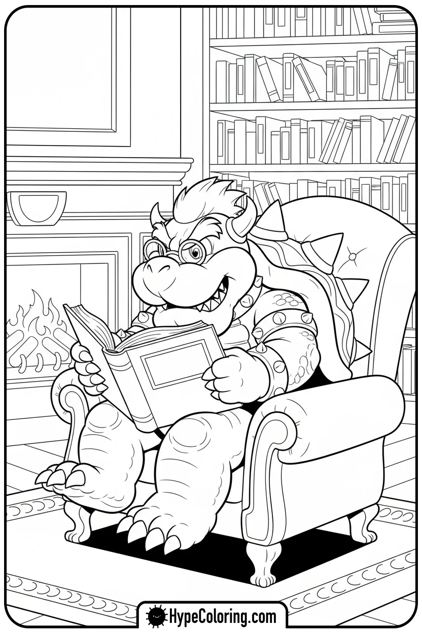 bowser-reading-a-book - bowser coloring page