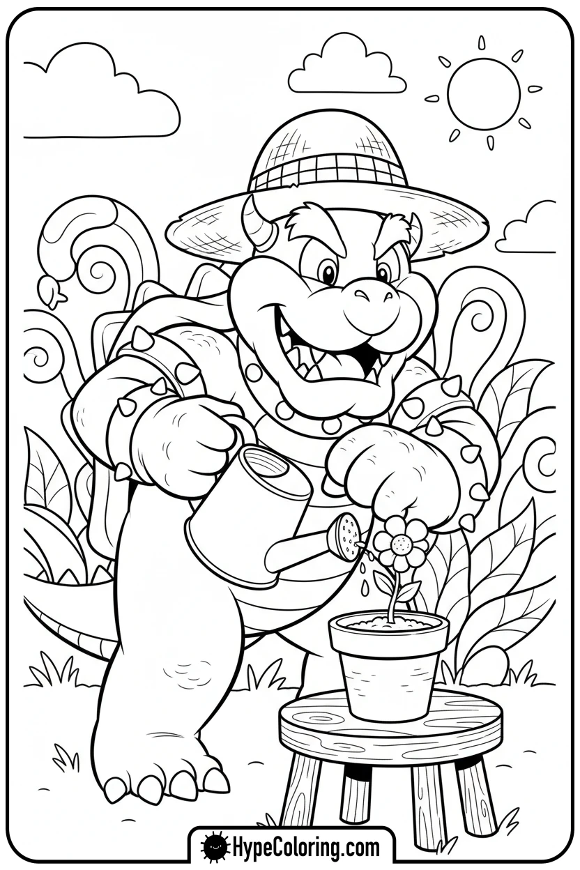 bowser-gardening-flowers - bowser coloring page