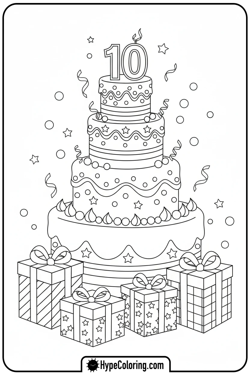 birthday-cake-with-gifts - cake coloring page