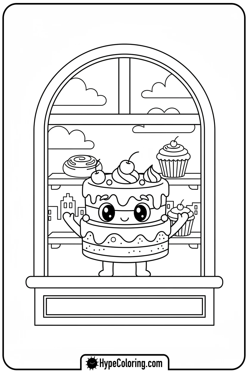 cake-in-bakery-window - cake coloring page