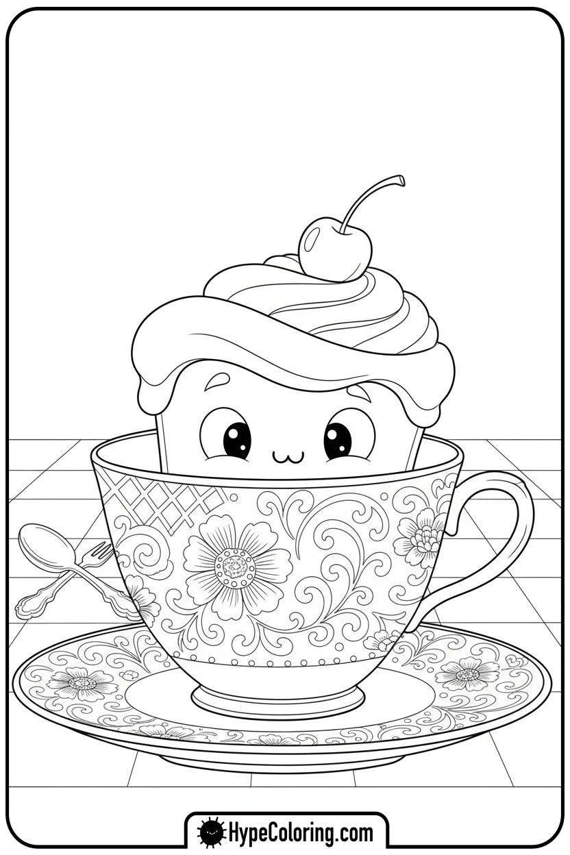 cake-peeking-from-teacup - cake coloring page