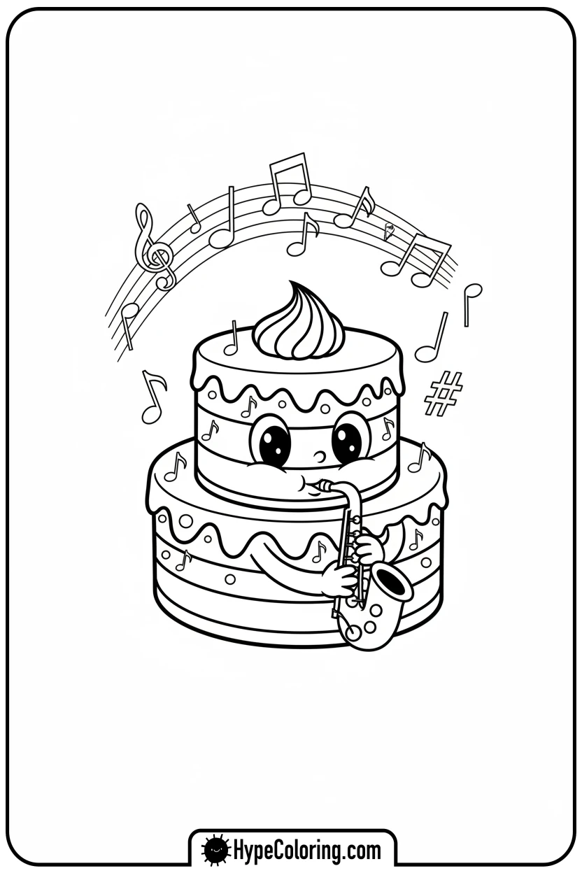 musical-cake-playing-saxophone - cake coloring page