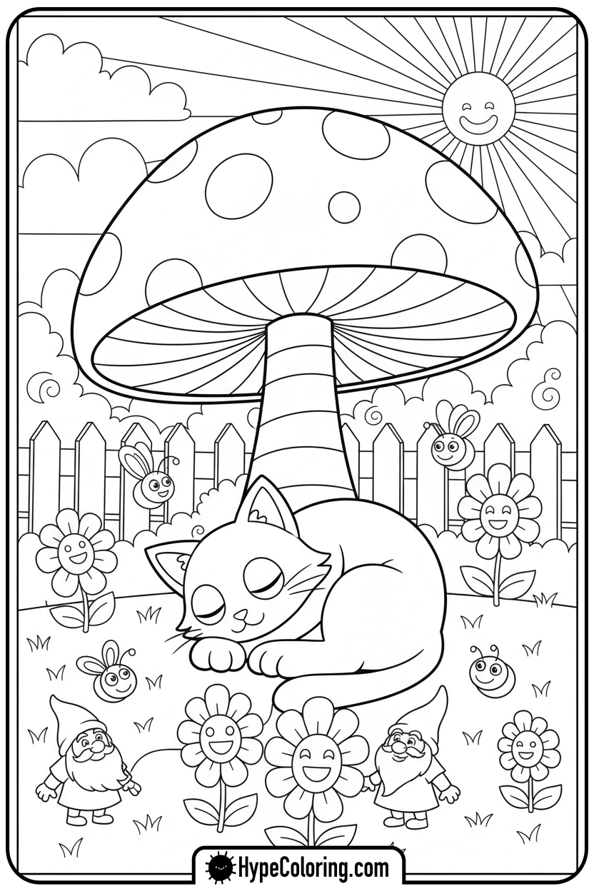 Click to download PDF catnap-napping-under-mushroom - catnap coloring page