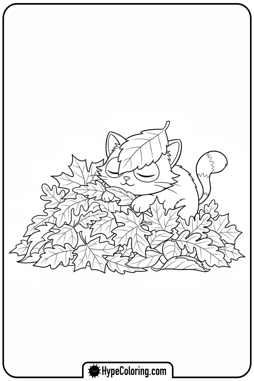 Click to download PDF catnap-in-autumn-leaves - catnap coloring page