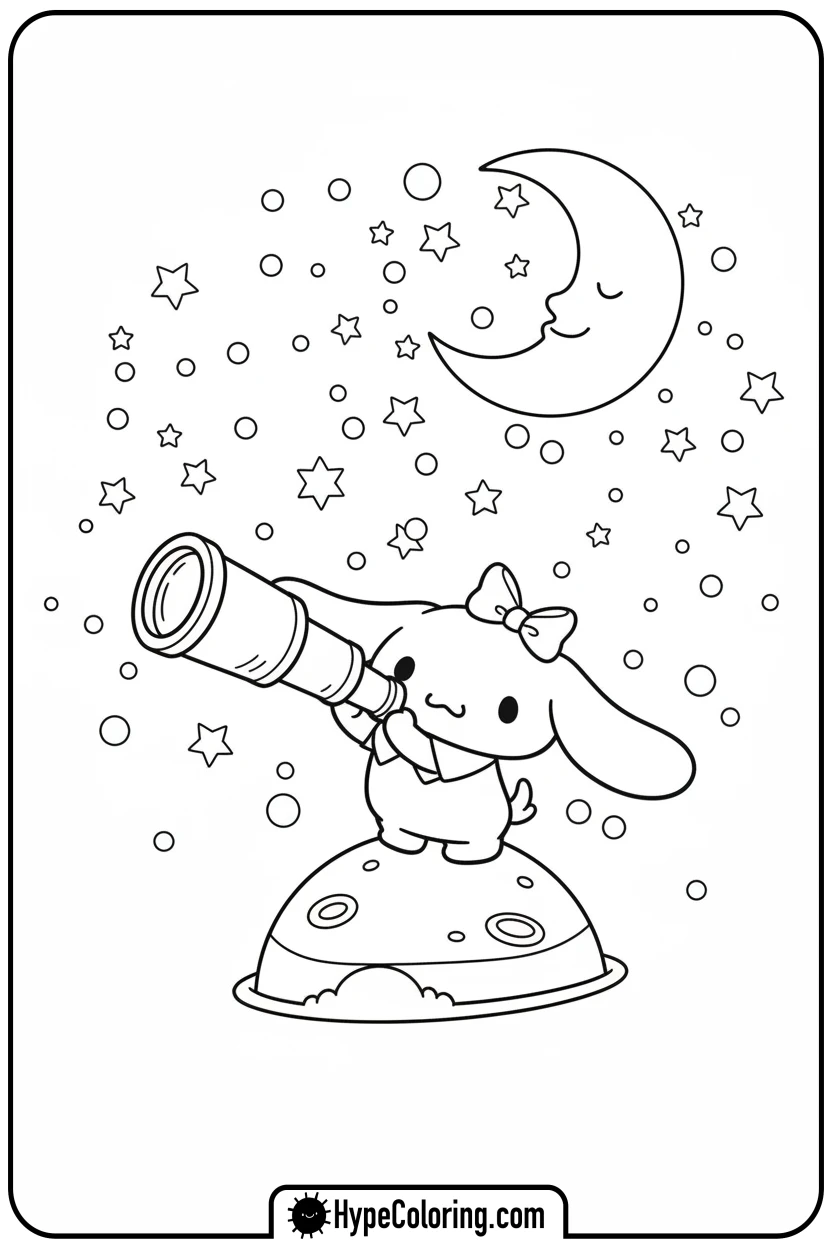 cinnamonroll-stargazing-with-telescope - cinnamon roll coloring pages