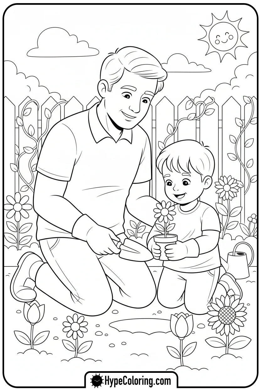 dad-and-child-gardening - color pages for father's day