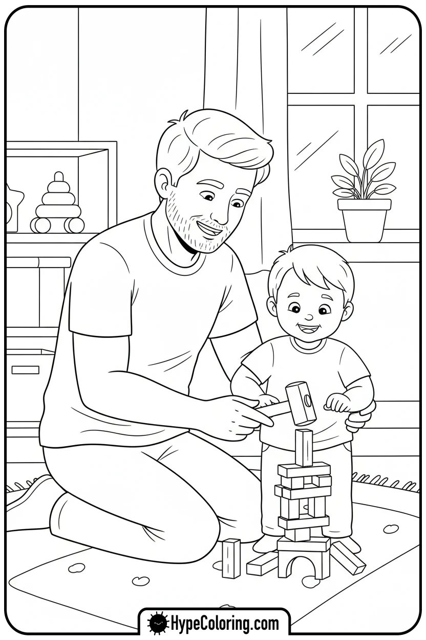 dad-and-child-building-blocks - color pages for father's day