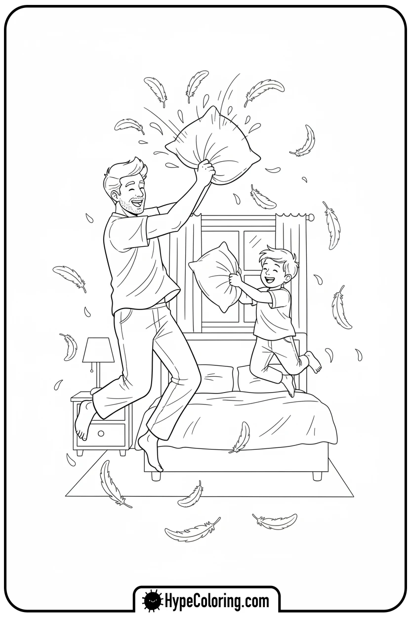 dad-and-child-pillow-fight - color pages for father's day