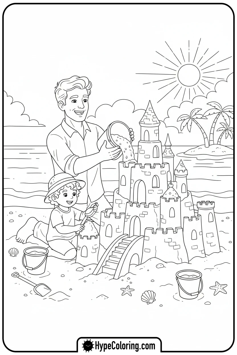 dad-and-child-building-sandcastle - color pages for father's day