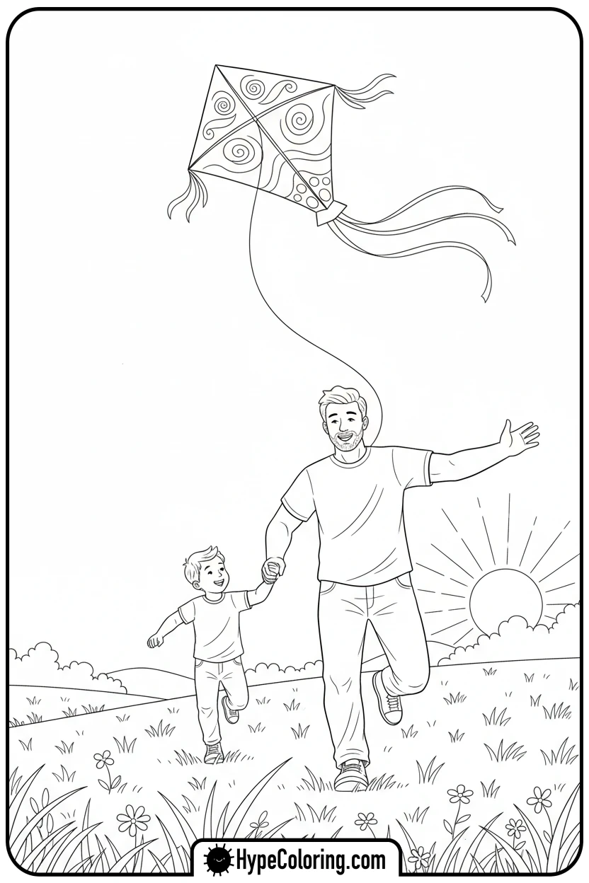 dad-and-child-flying-kite - color pages for father's day