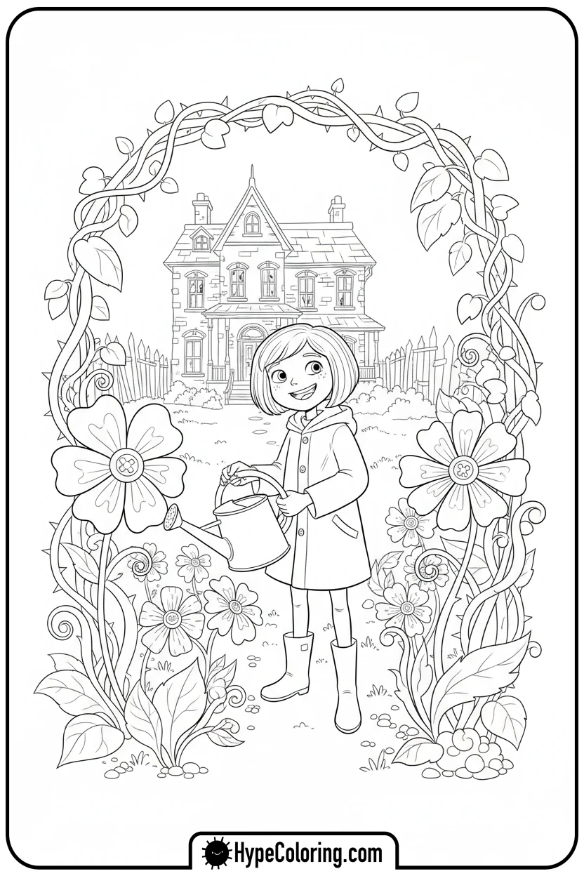 Click to download PDF coraline-watering-flowers-in-garden - coraline coloring pages