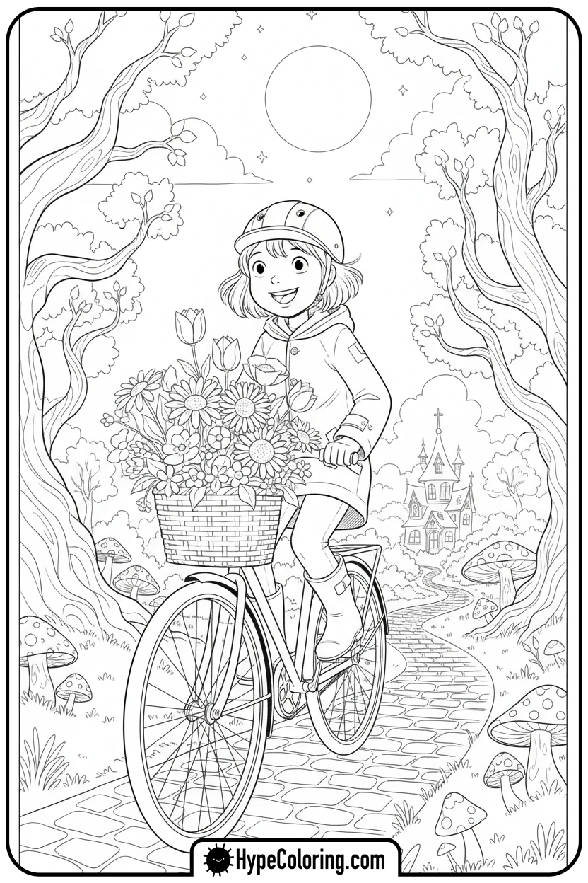 Click to download PDF coraline-riding-bike-with-flowers - coraline coloring pages