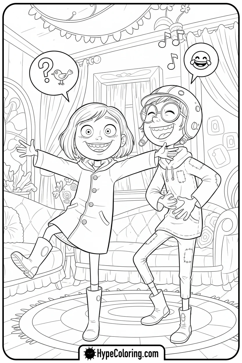Click to download PDF coraline-and-wybie-playing-charades - coraline coloring pages