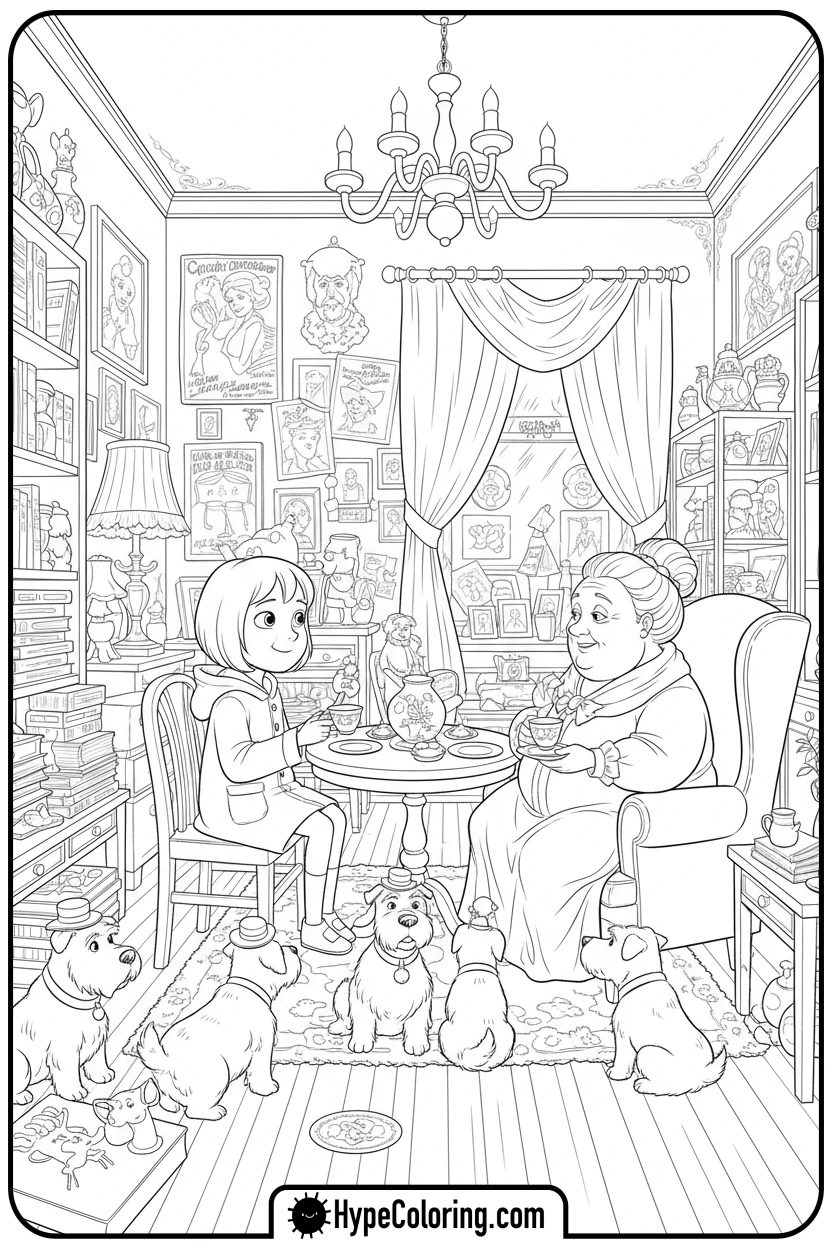Click to download PDF coraline-having-tea-with-neighbors - coraline coloring pages