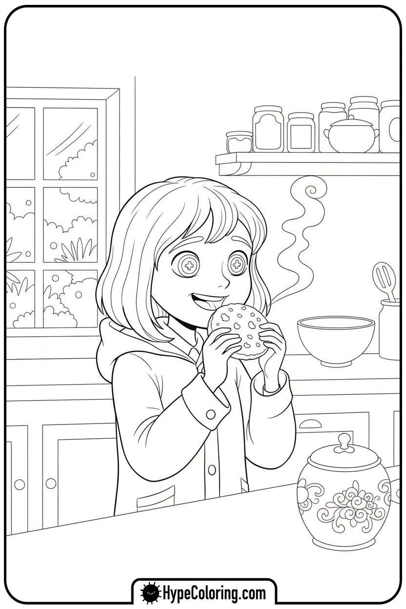 Click to download PDF coraline-with-a-cookie - coraline coloring pages