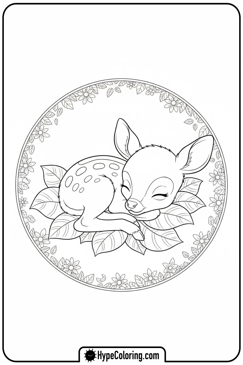sleeping-fawn-on-leaves - deer coloring pages​