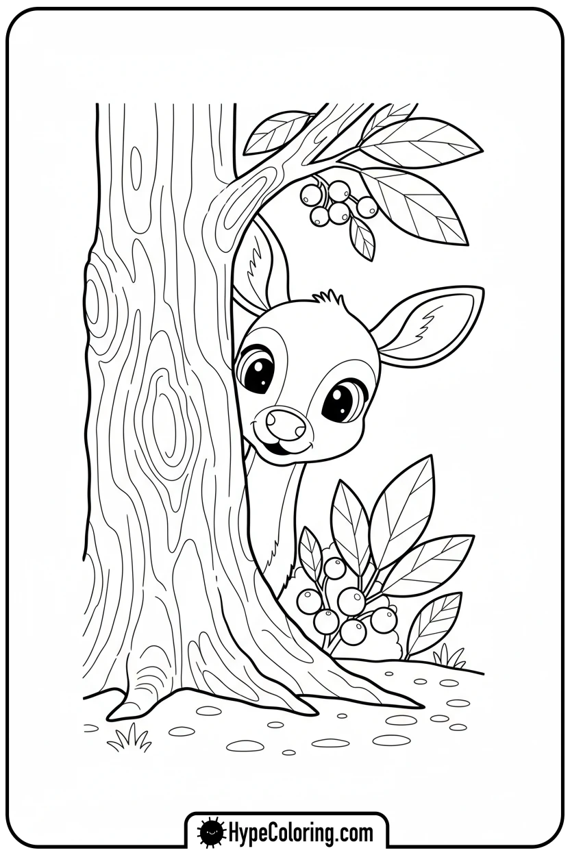 deer-peeking-from-tree - deer coloring pages​