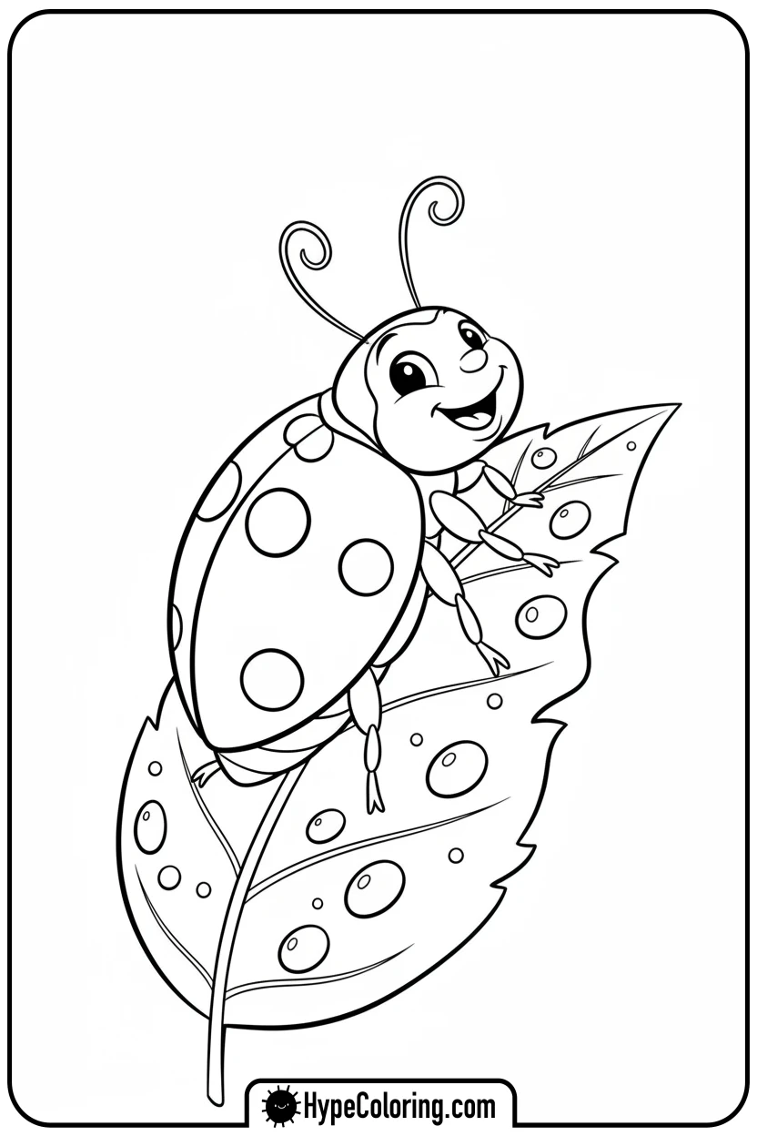 happy-ladybug-on-a-leaf - insect coloring pages​