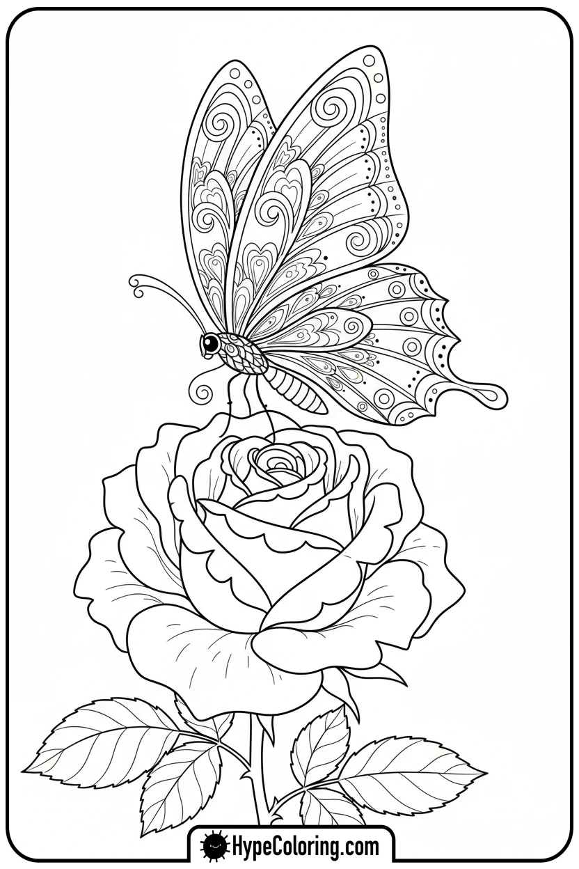 butterfly-on-a-rose - insect coloring pages​