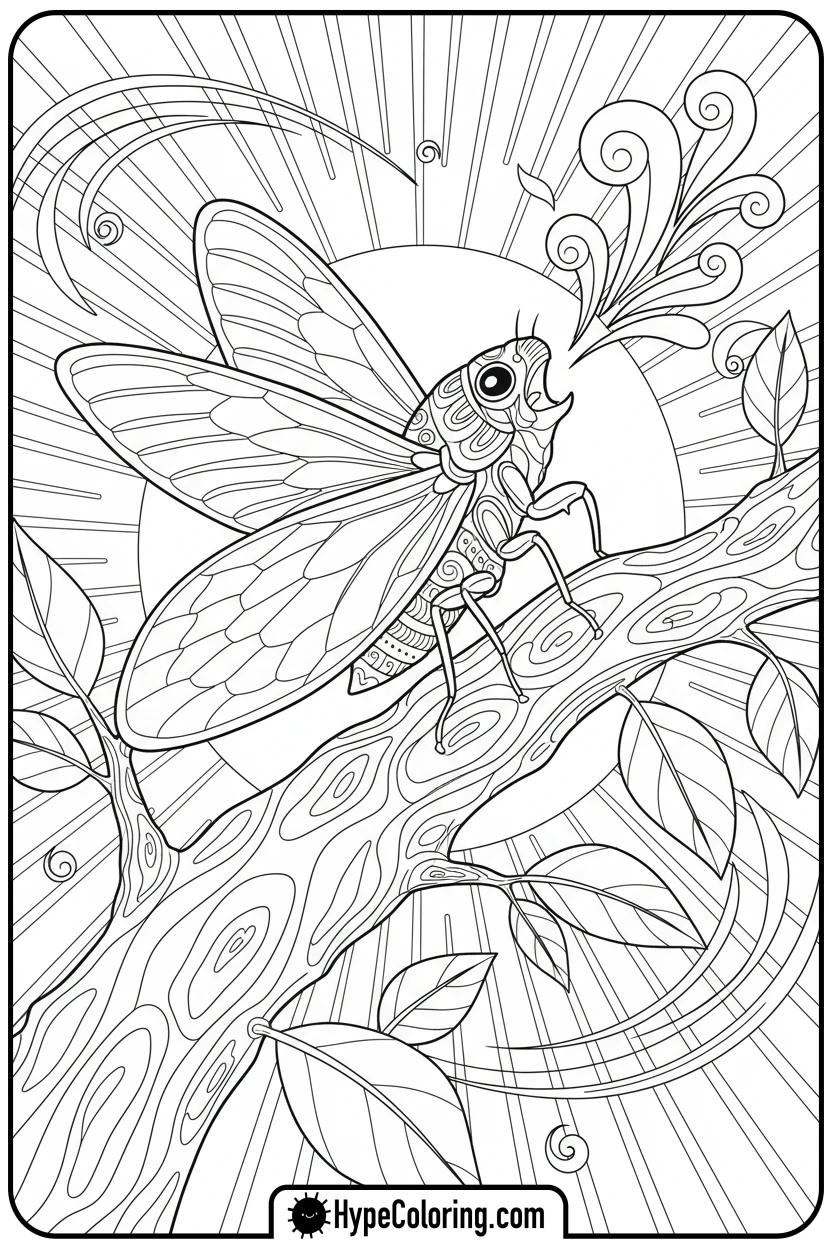 cicada-singing-on-branch - insect coloring pages​
