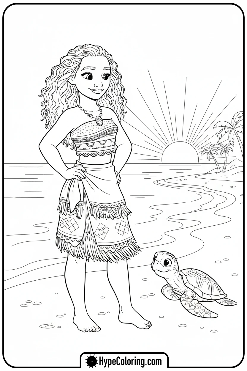 moana-and-sea-turtle-on-beach - moana 2 coloring pages