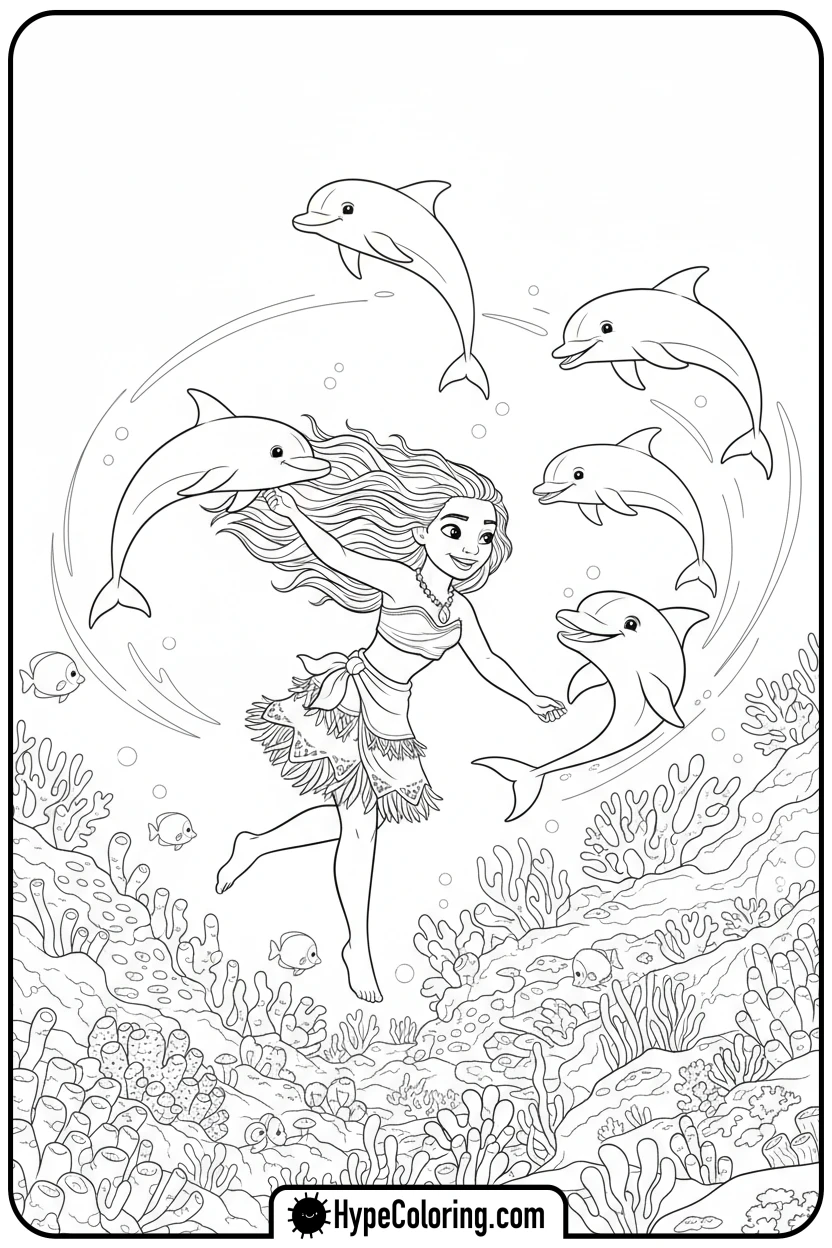 moana-swimming-with-dolphins - moana 2 coloring pages