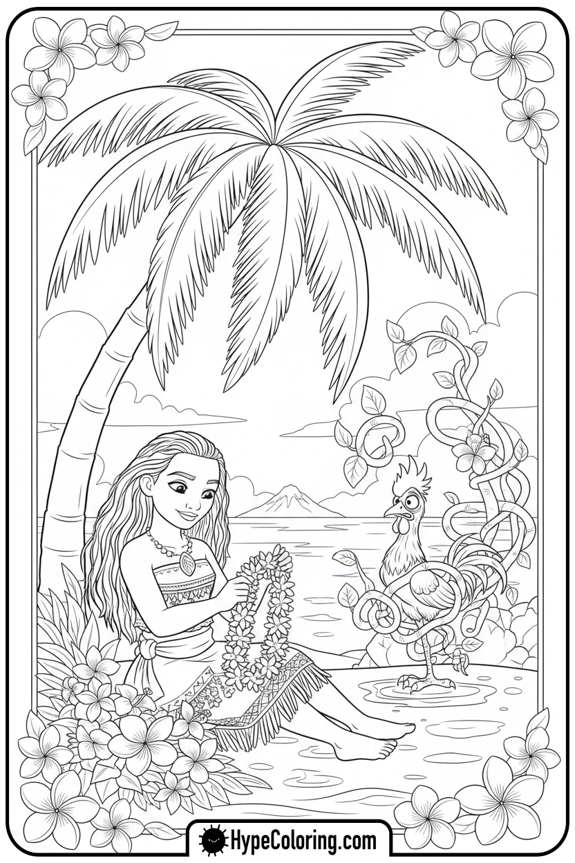 moana-weaving-lei-heihei-tangled - moana 2 coloring pages
