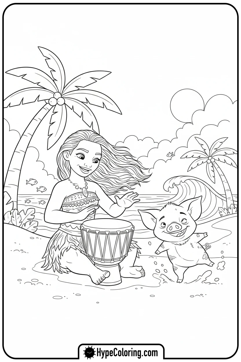 moana-playing-drum-with-pua - moana 2 coloring pages