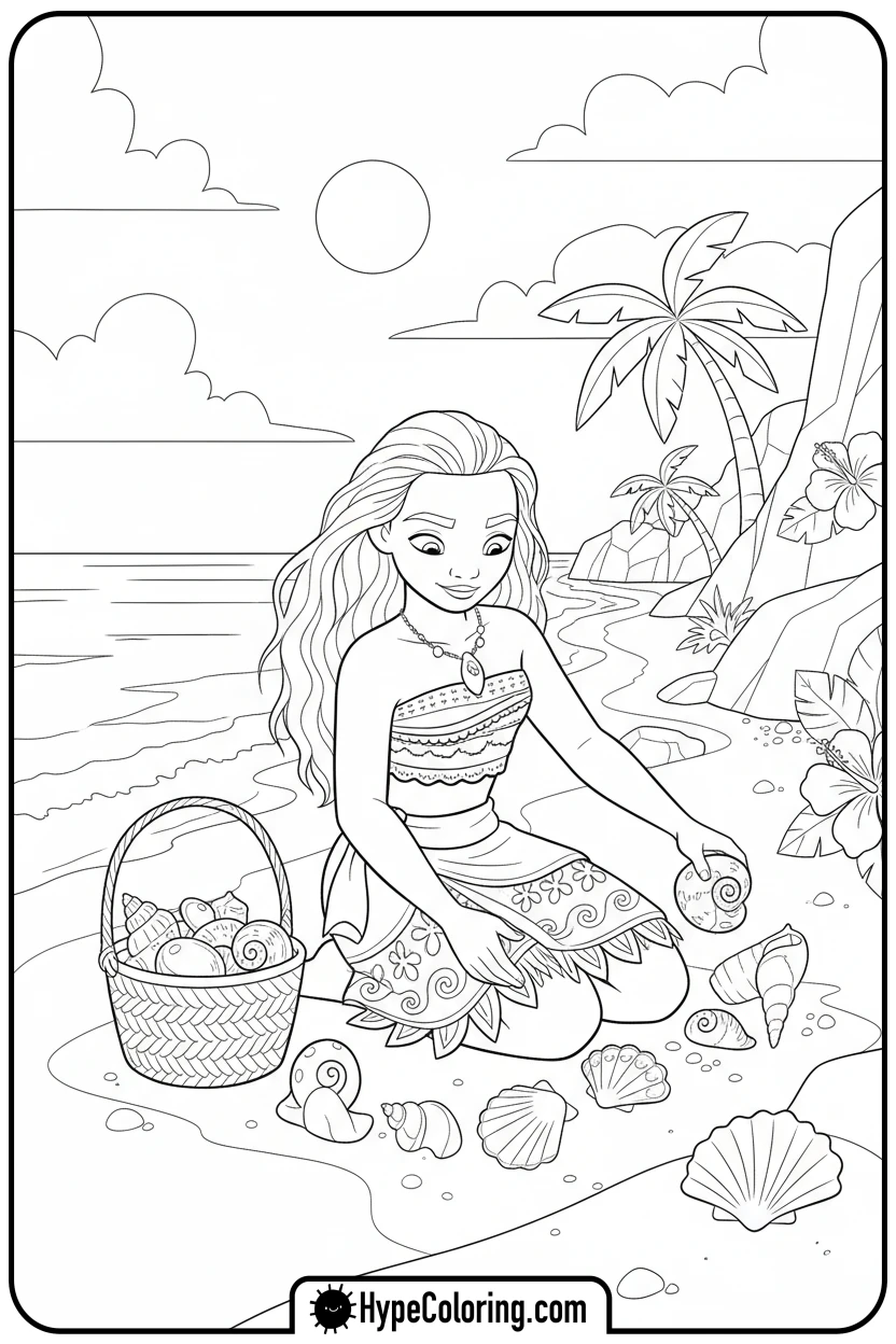 moana-collecting-seashells - moana 2 coloring pages