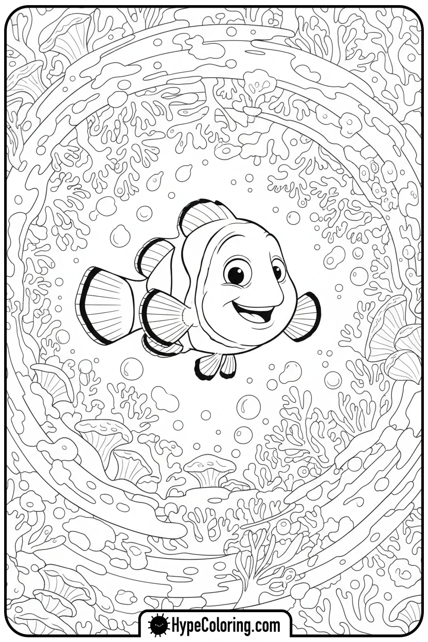 Click to download PDF nemo-swimming-happily-in-coral - nemo coloring pages