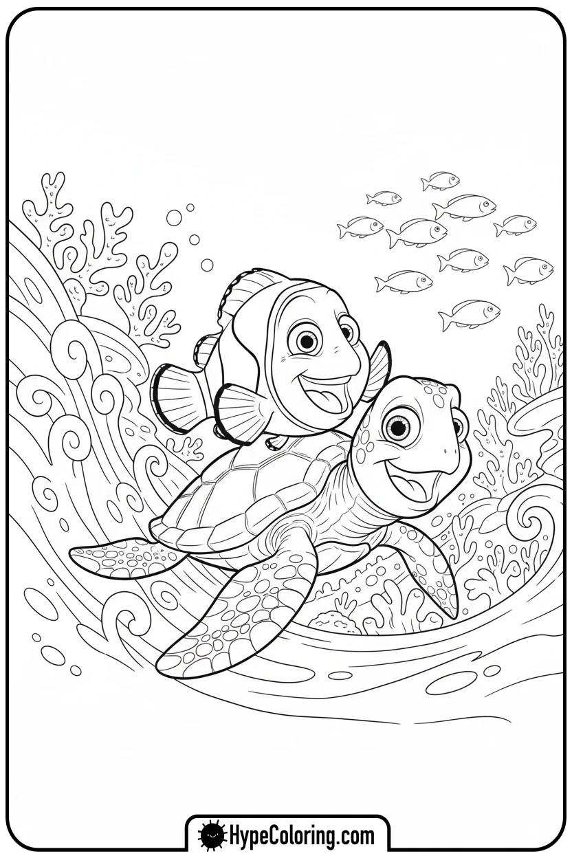 Click to download PDF nemo-riding-squirt - nemo coloring pages