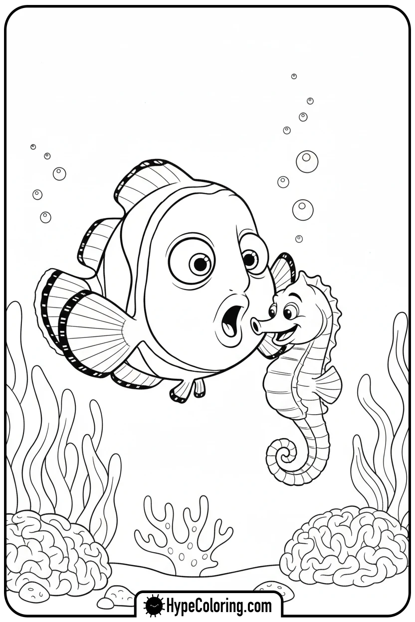 Click to download PDF nemo-surprised-by-seahorse - nemo coloring pages
