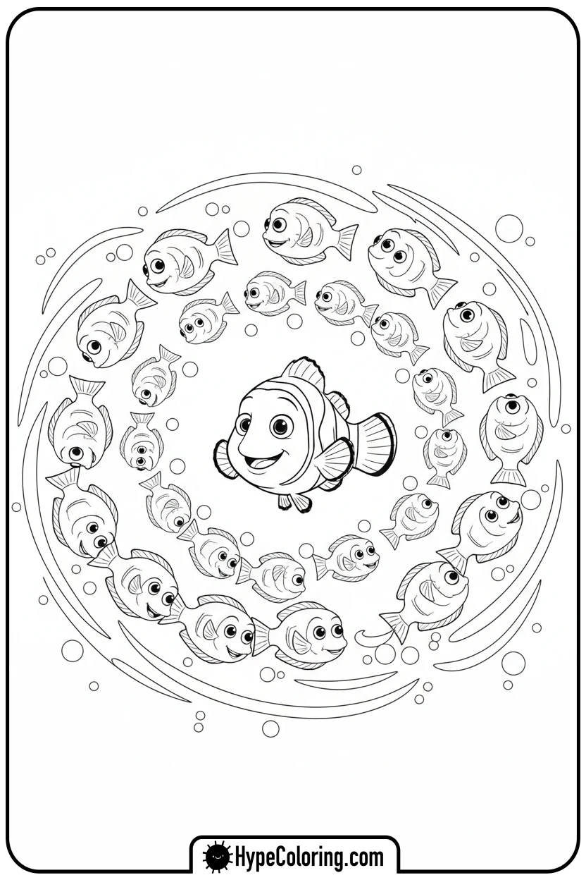 Click to download PDF nemo-with-school-of-fish - nemo coloring pages