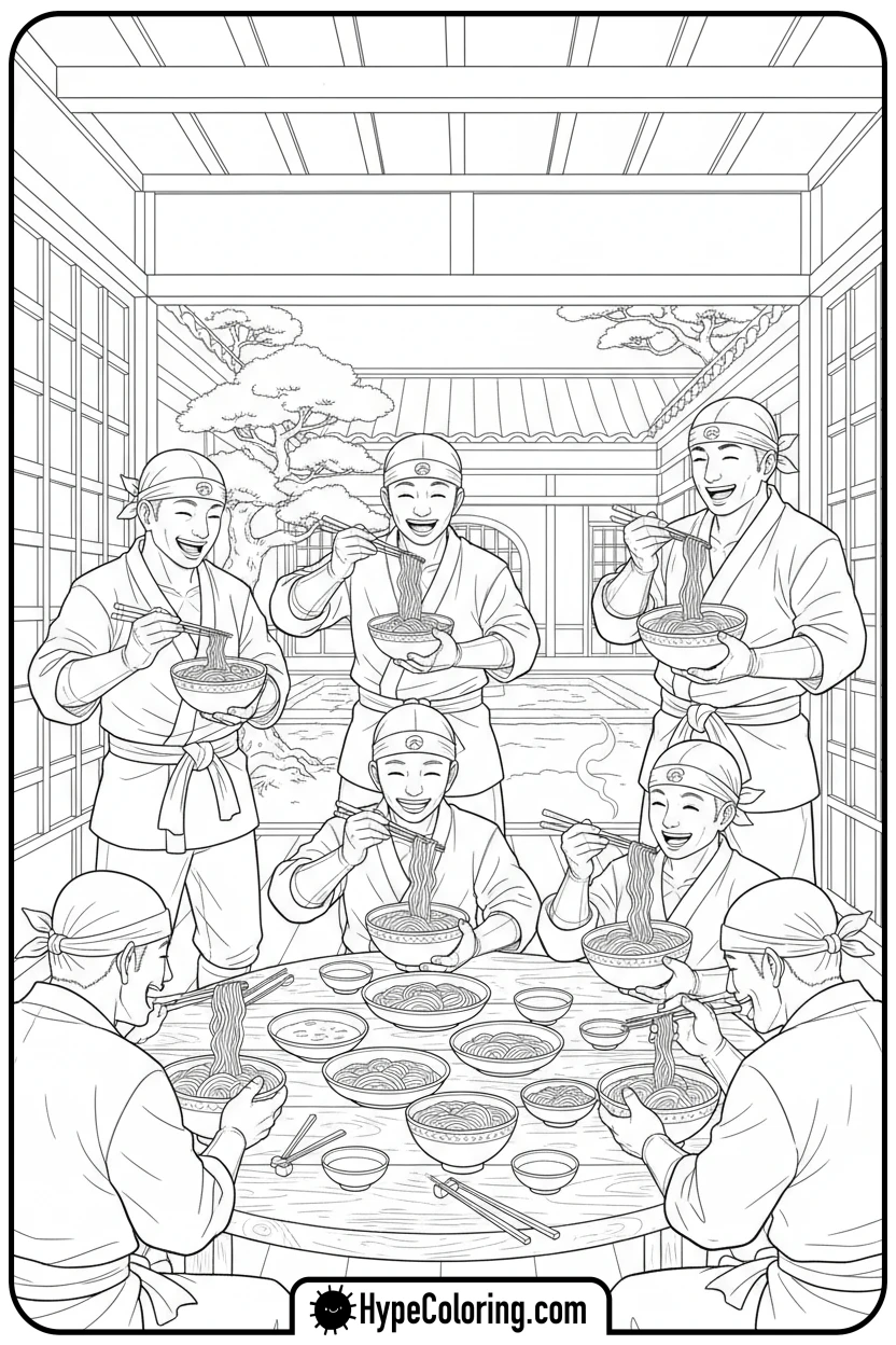 ninjas-eating-noodles - ninjago coloring pages