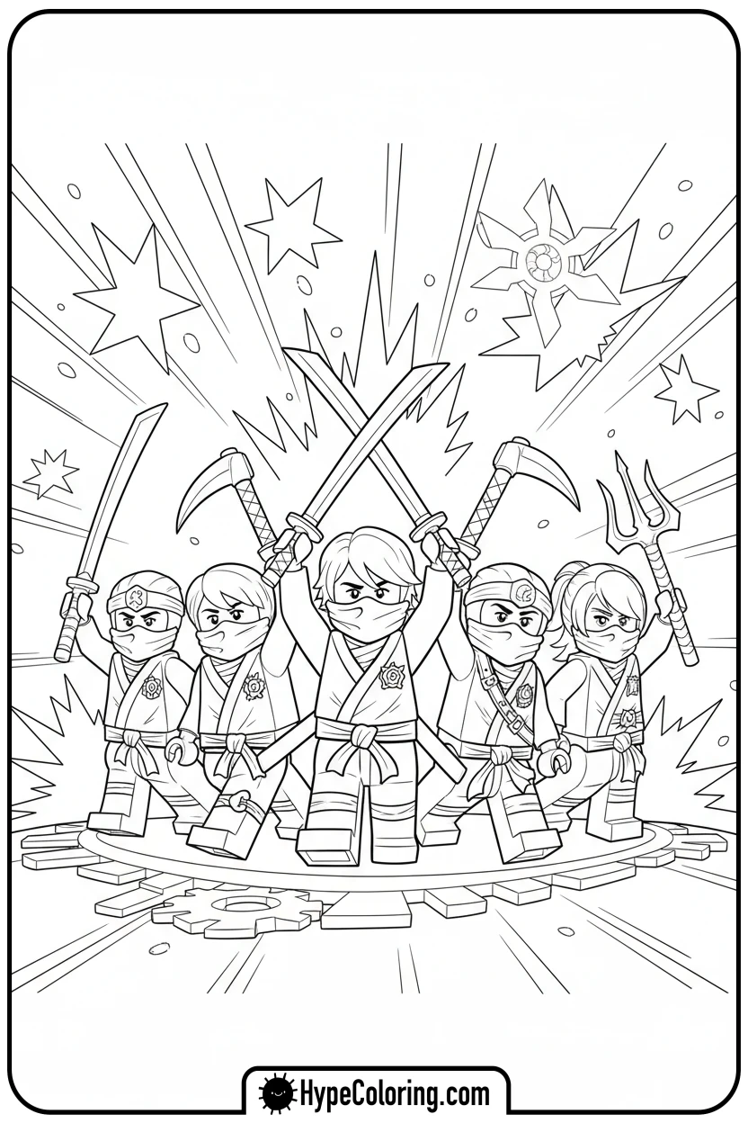 ninjago-team-celebrating-victory - ninjago coloring pages