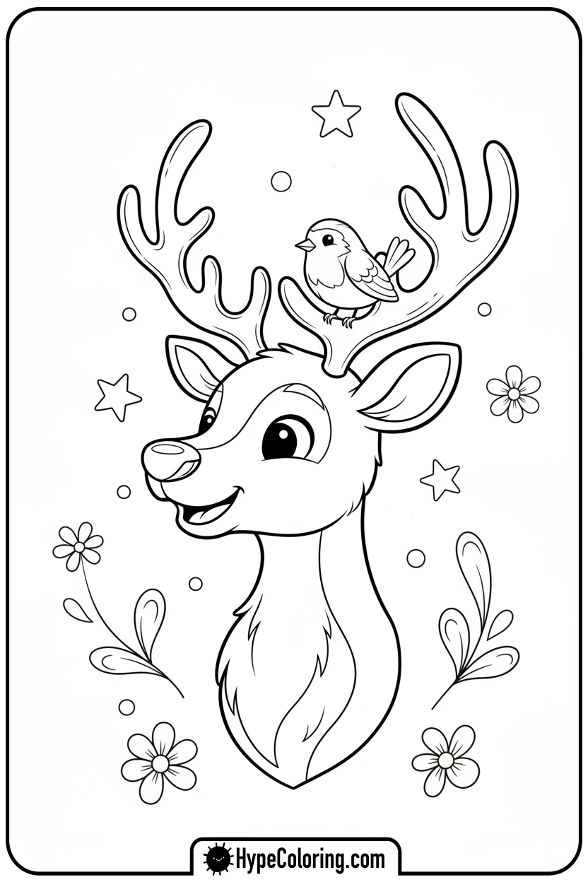 reindeer-nuzzling-robin - reindeer coloring page