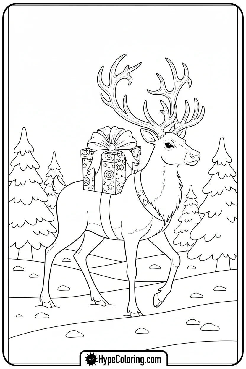 reindeer-carrying-gift - reindeer coloring page