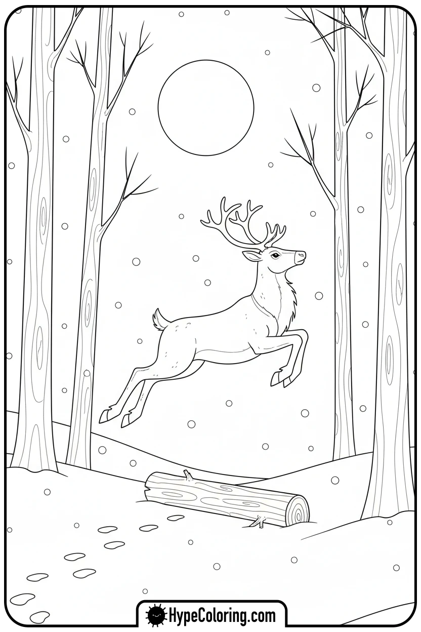 reindeer-leaping-over-log - reindeer coloring page