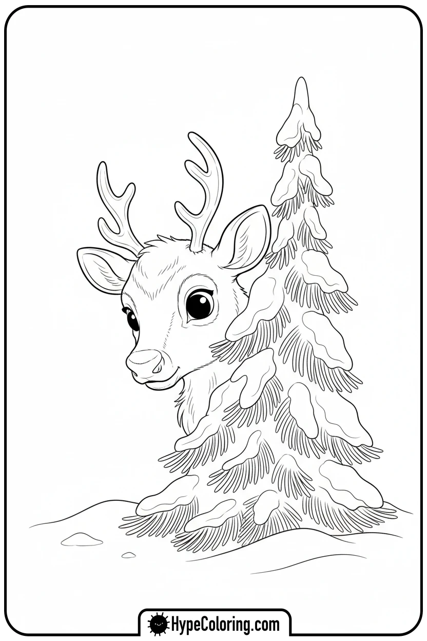 reindeer-peeking-from-tree - reindeer coloring page
