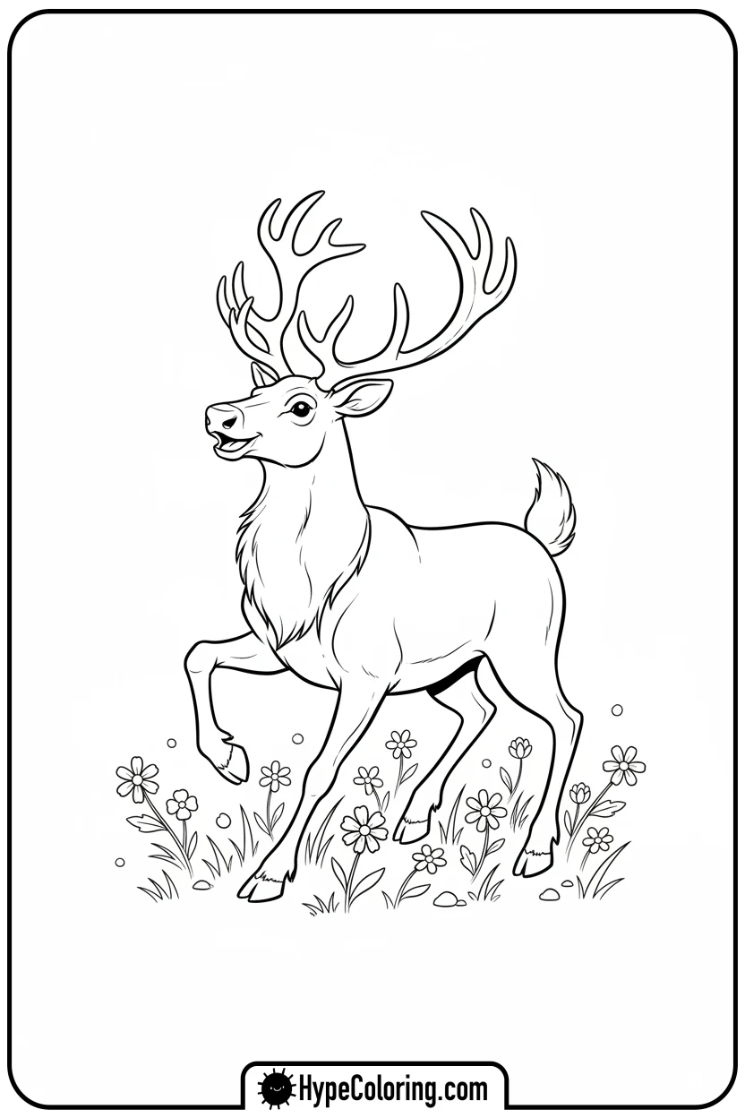 reindeer-running-in-flowers - reindeer coloring page