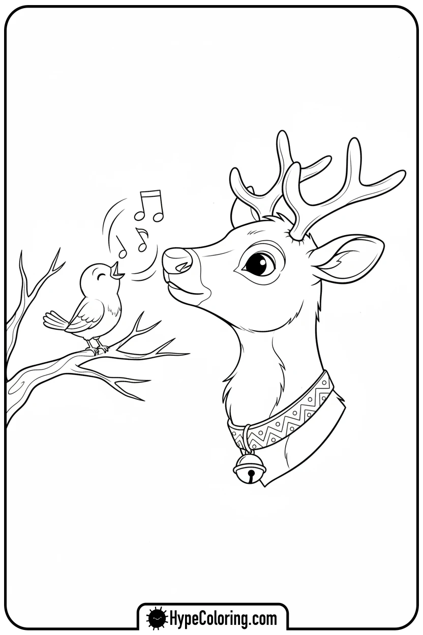 reindeer-listening-to-bird - reindeer coloring page