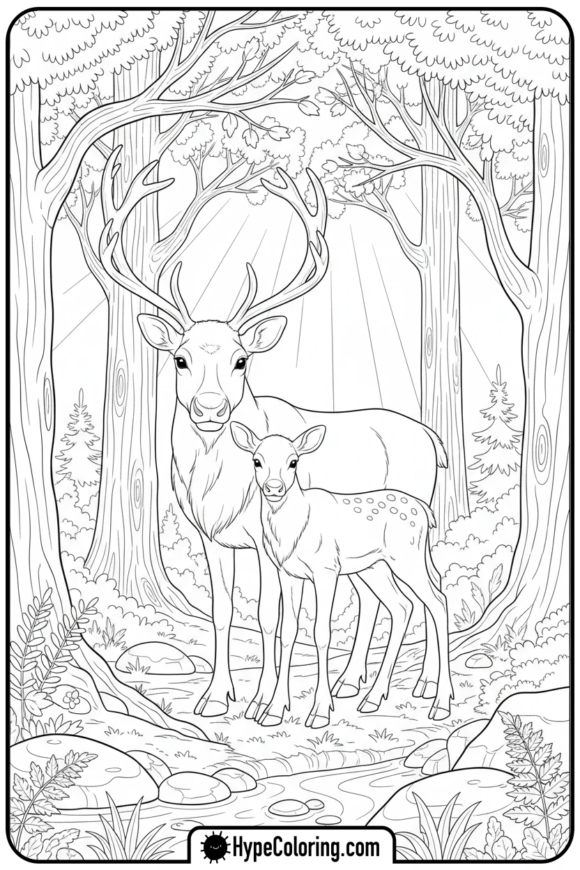 reindeer-family-in-forest - reindeer coloring page