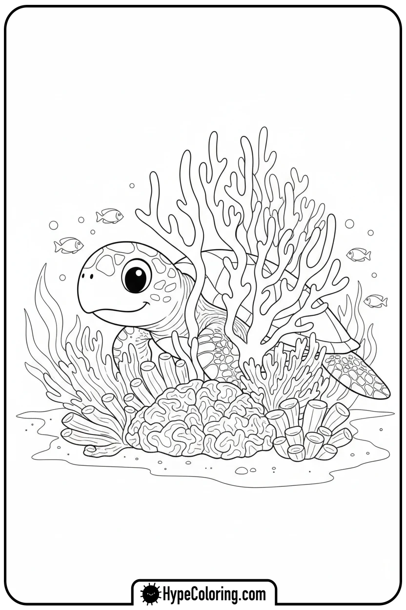 curious-sea-turtle-behind-coral - sea turtle coloring page