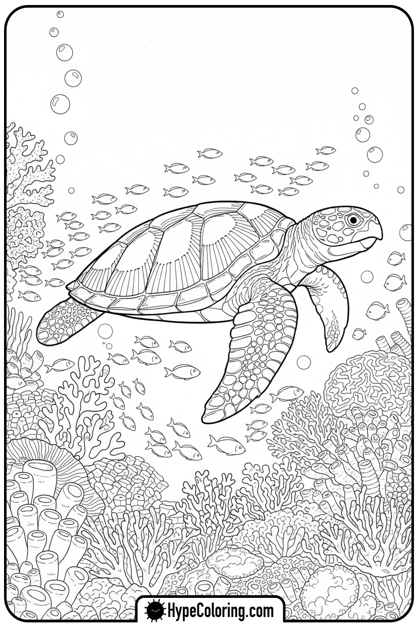 sea-turtle-over-coral-reef - sea turtle coloring page