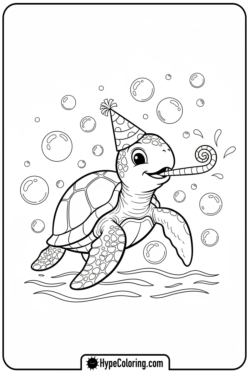 sea-turtle-with-party-hat - sea turtle coloring page