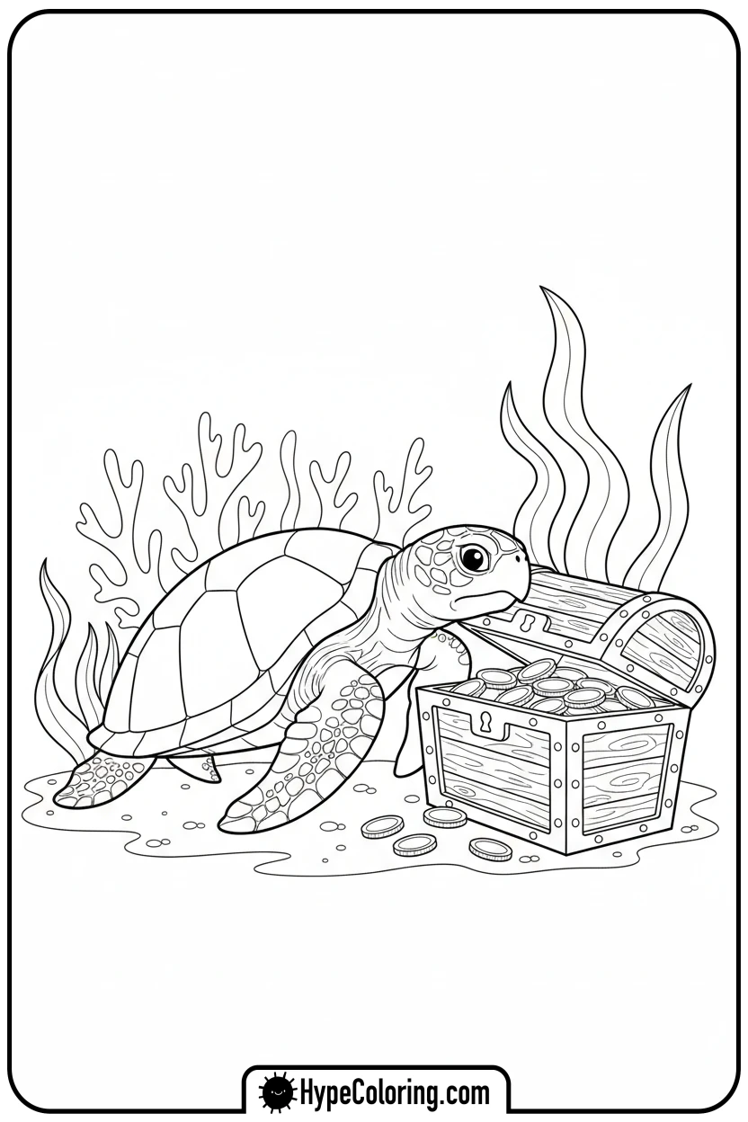 sea-turtle-opening-treasure-chest - sea turtle coloring page