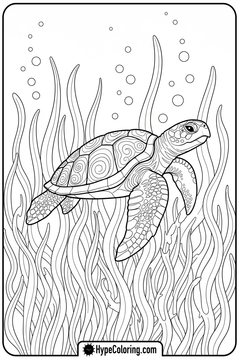 sea-turtle-in-seaweed-forest - sea turtle coloring page