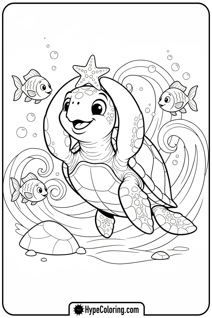 sea-turtle-with-starfish-on-head - sea turtle coloring page