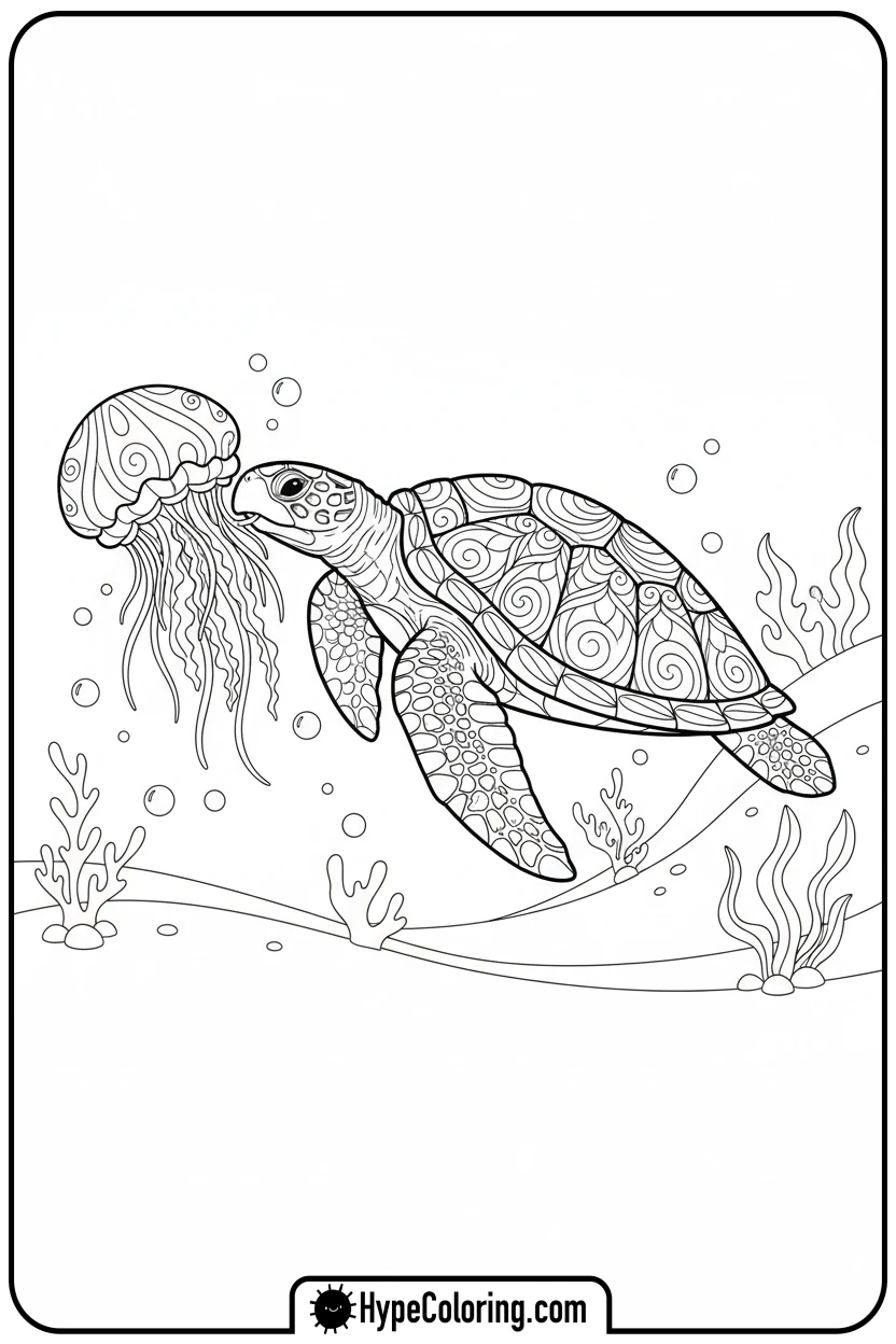sea-turtle-eating-jellyfish - sea turtle coloring page